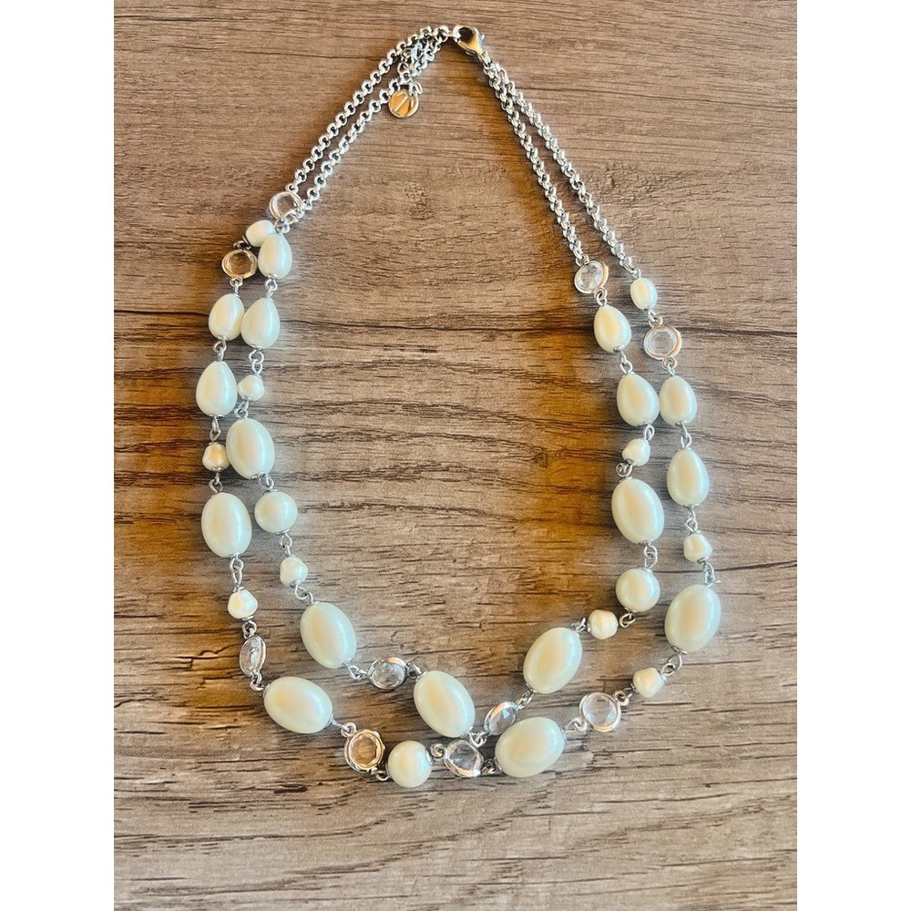 Talbots Double Strand Pearl & Crystal Layered Necklace Silver